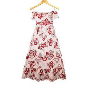 Vtg GLAM Retro Floral Polka Dot Maxi Dress Strapless Ruffle Off Shoulder USA M L